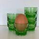 6 egg cups, green glass digestif glasses Lever.