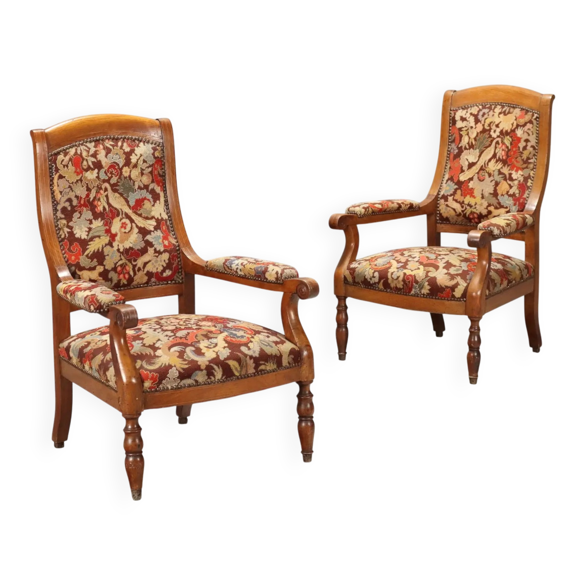 Antique walnut, maple, and fabric armchairs, Italy, late 19th century.