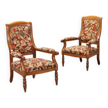 Antique walnut, maple, and fabric armchairs, Italy, late 19th century.