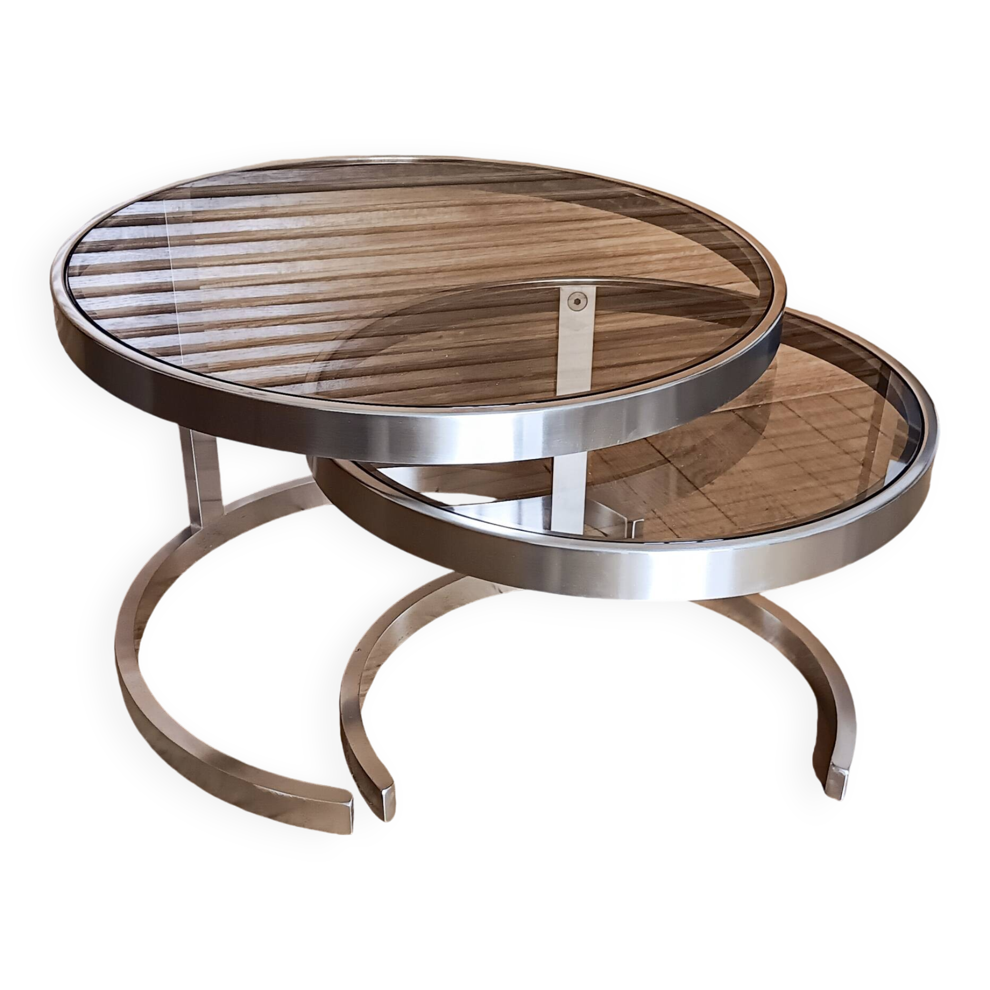 2 vintage 1970s smoked glass and brushed metal nesting coffee tables