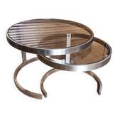 2 vintage 1970s smoked glass and brushed metal nesting coffee tables