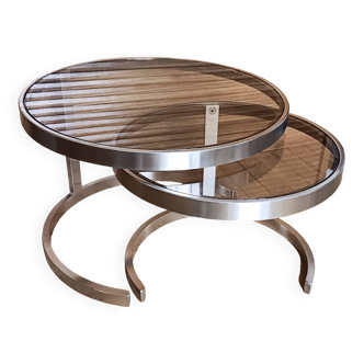 2 vintage 1970s smoked glass and brushed metal nesting coffee tables
