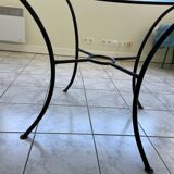 green table on wrought iron legs + 6 matching chairs