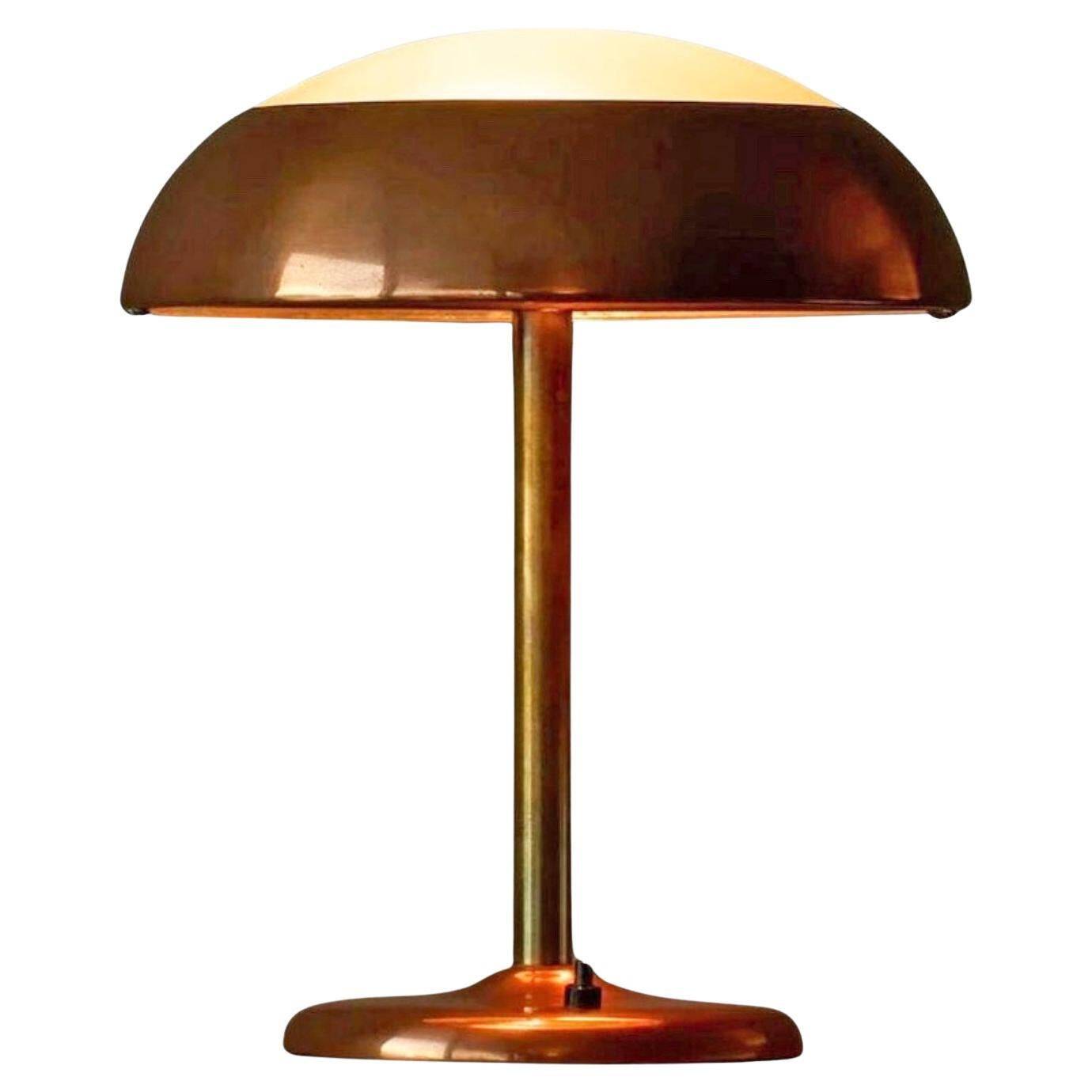 Art Deco table lamp in patinated copper, brass, and satin glass from the 1950s.