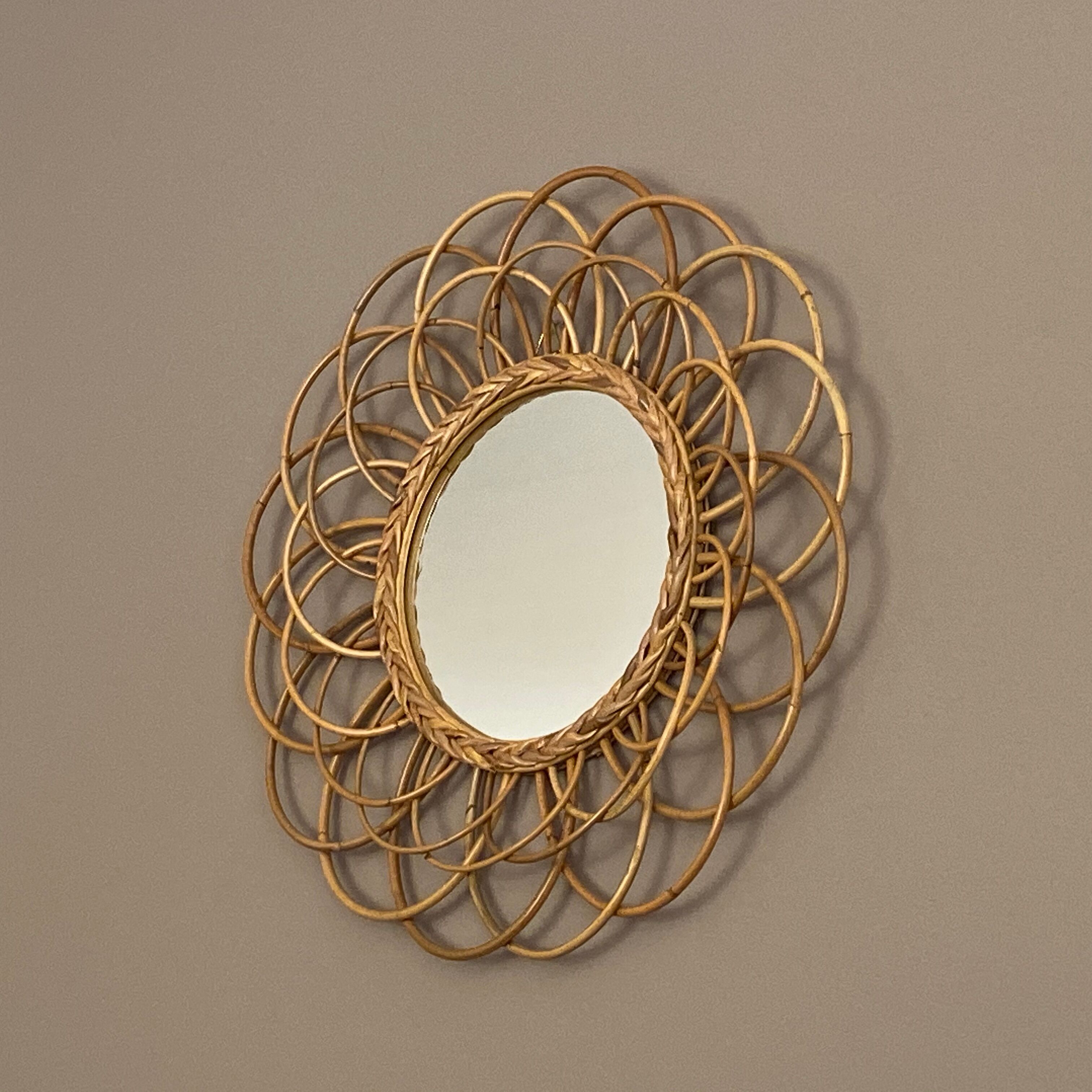 Vintage sun mirror in arched rattan, 55cm, 1960