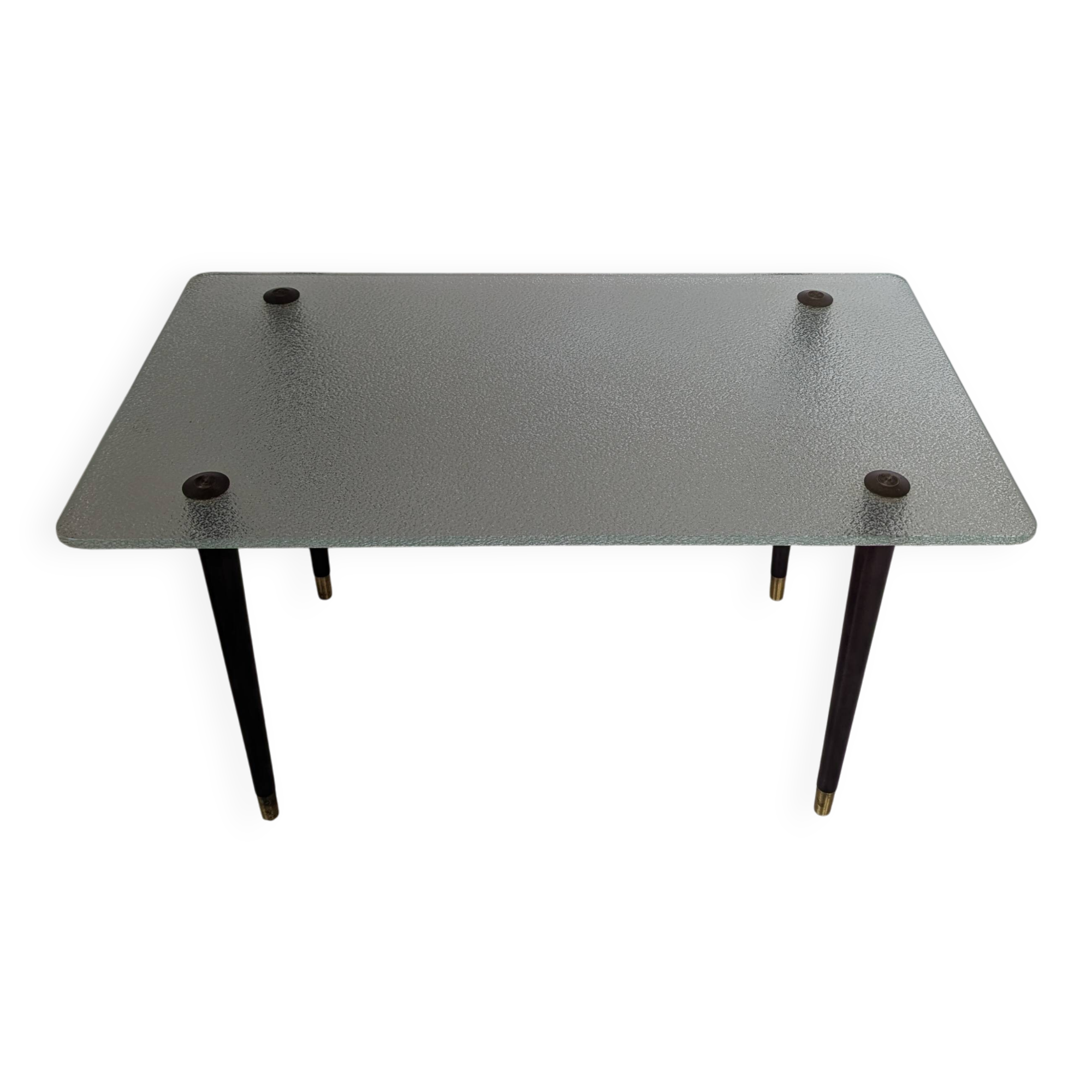 Table basse vintage en bois, verre et laiton