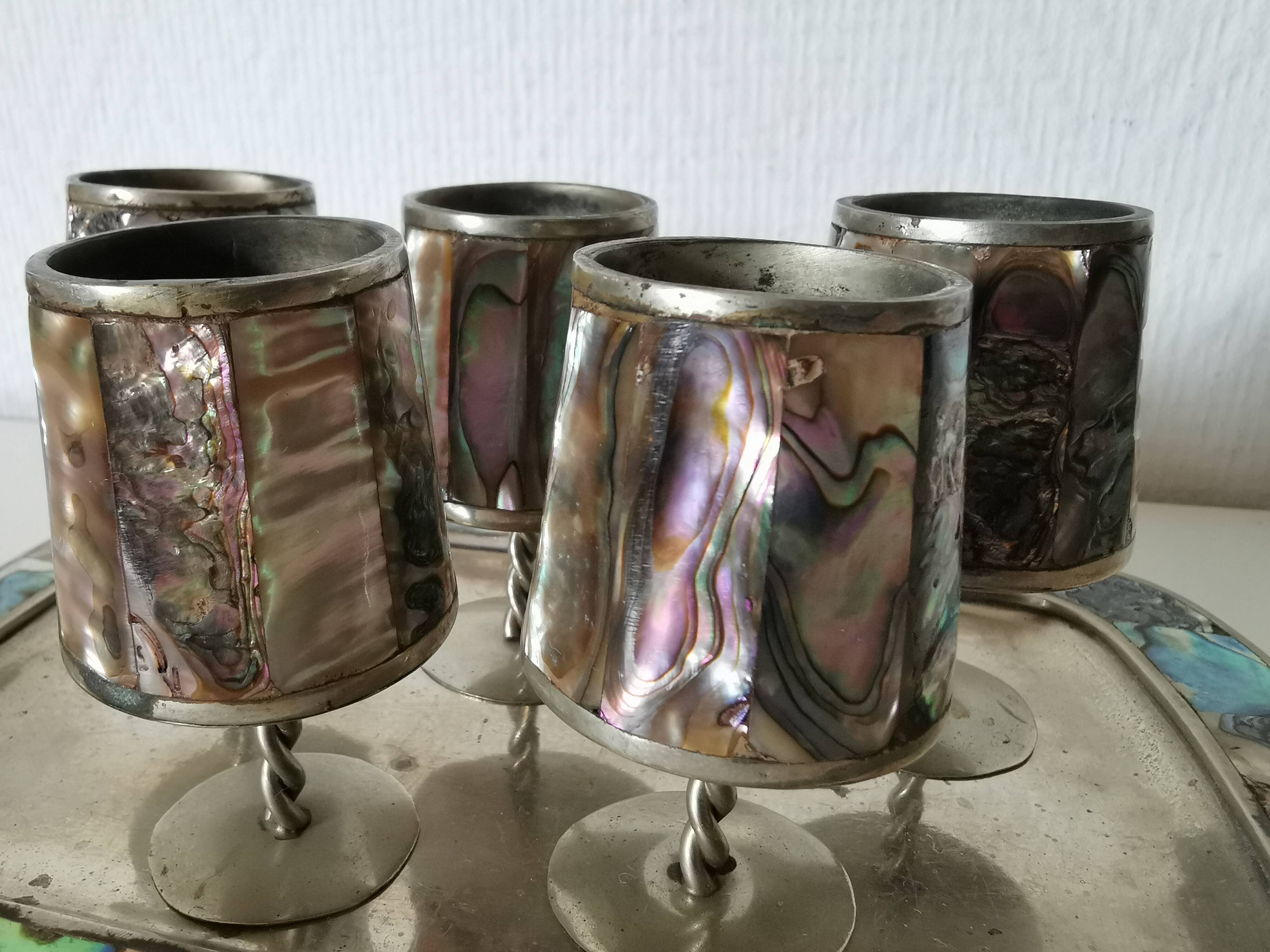 digestive service, glass and tray in silver metal Mexican abalone