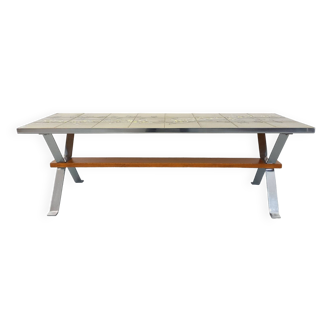 Table basse vintage des années 60 70 en céramique, métal chromé et bois, signée Adri