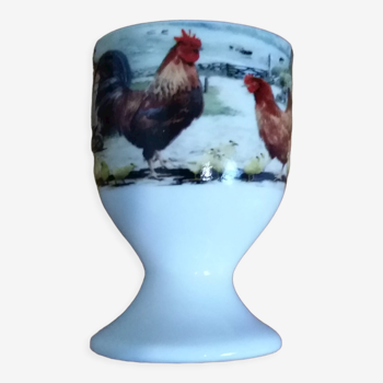 Coquetier faience blanche décor poule coq et poussins