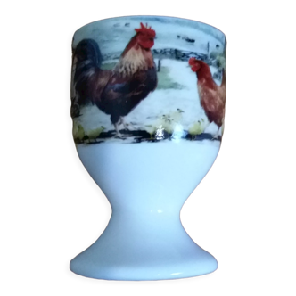 Coquetier faience blanche decoration hen rooster and chicks