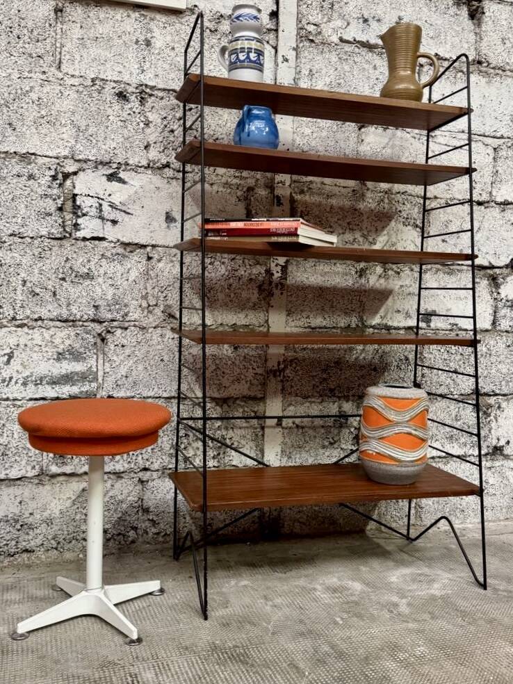 Étagère bibliothèque année 1950 en fer forgé et bois