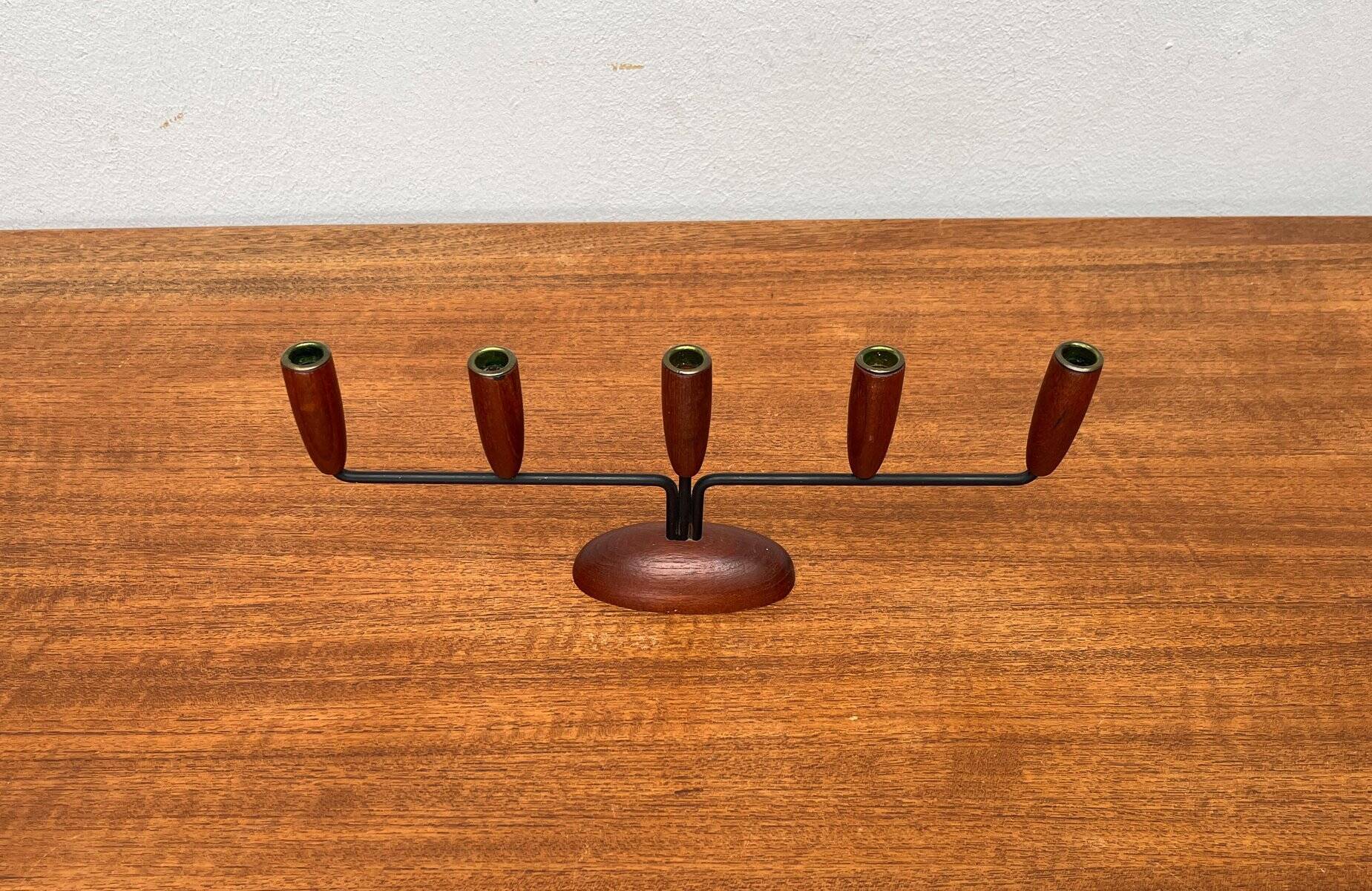 Teak candlestick in mid-century Danish string style, 1960s.