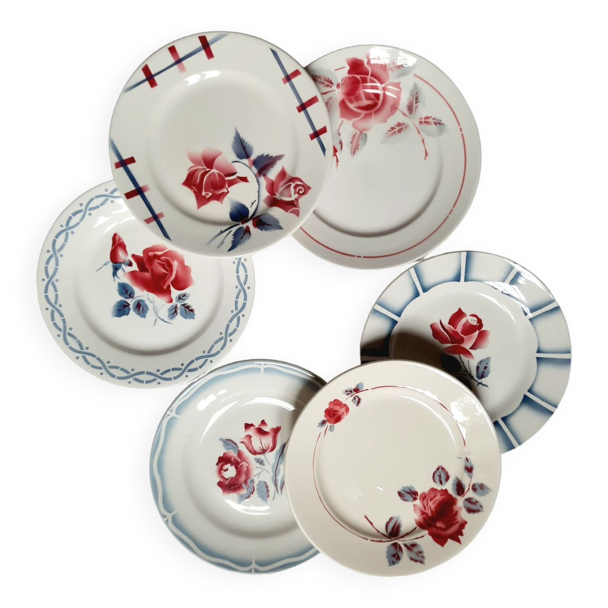 Old flat plates mismatched in earthenware