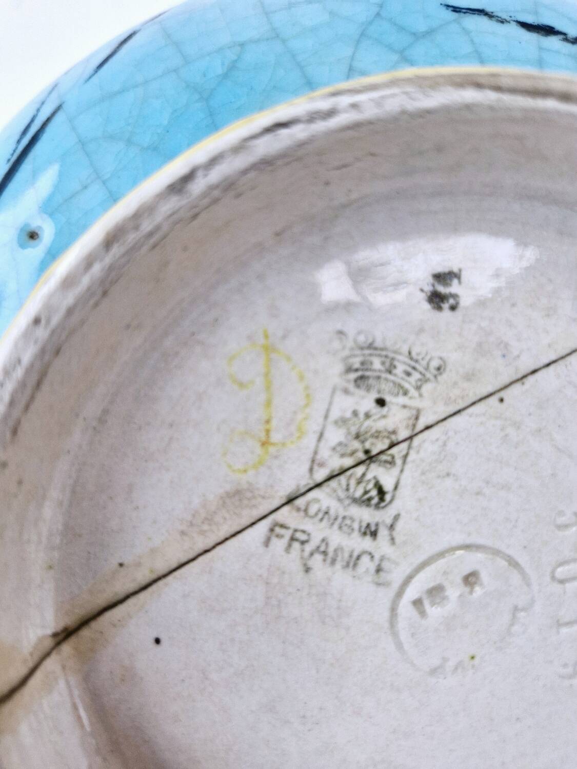 Old bowl on pedestal with raised edges art deco ceramic Longwy