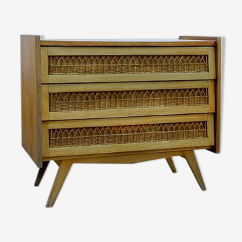 Vintage rattan chest of drawers 1950 1960 golden oak compass feet