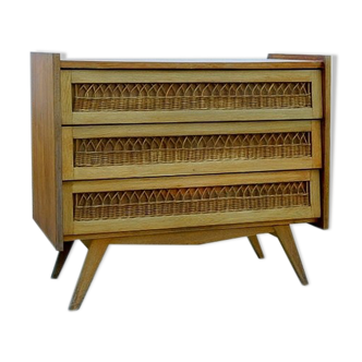 Vintage rattan chest of drawers 1950 1960 golden oak compass feet
