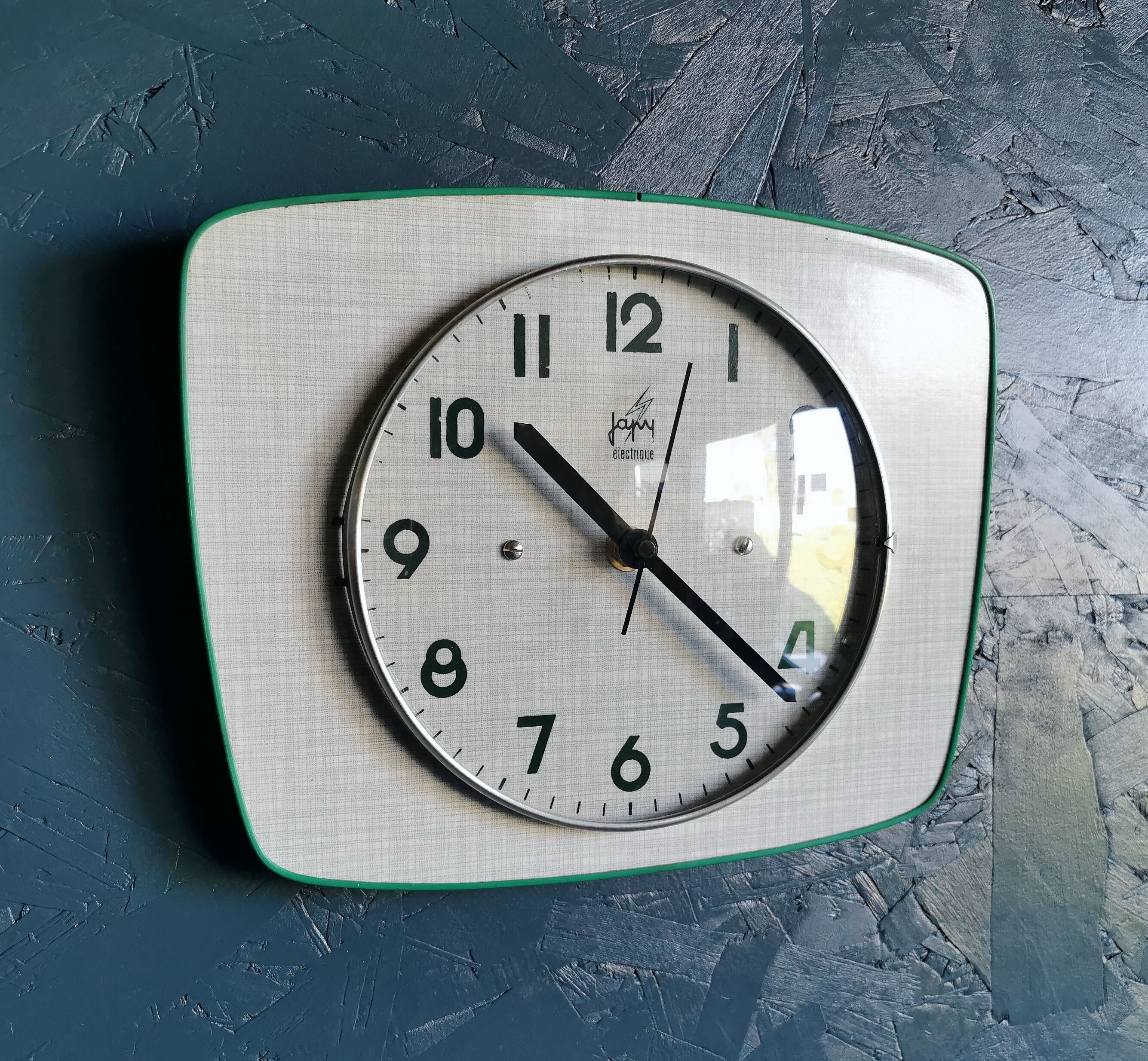 Vintage formica clock silent trapezoid wall clock "Green Japy"