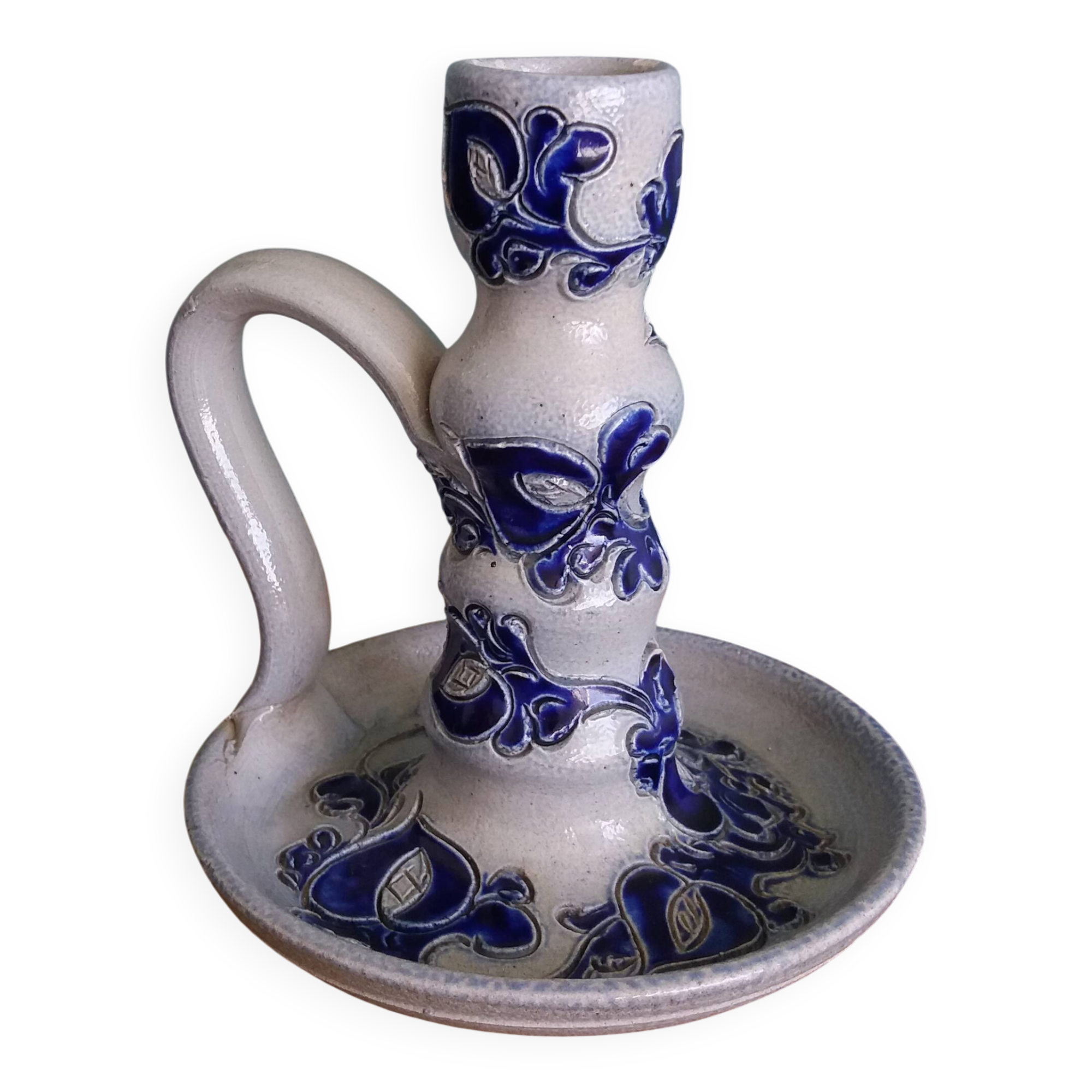 Salt-glazed stoneware candlestick signed Krumeich Hubert, Betschdorf, Alsace