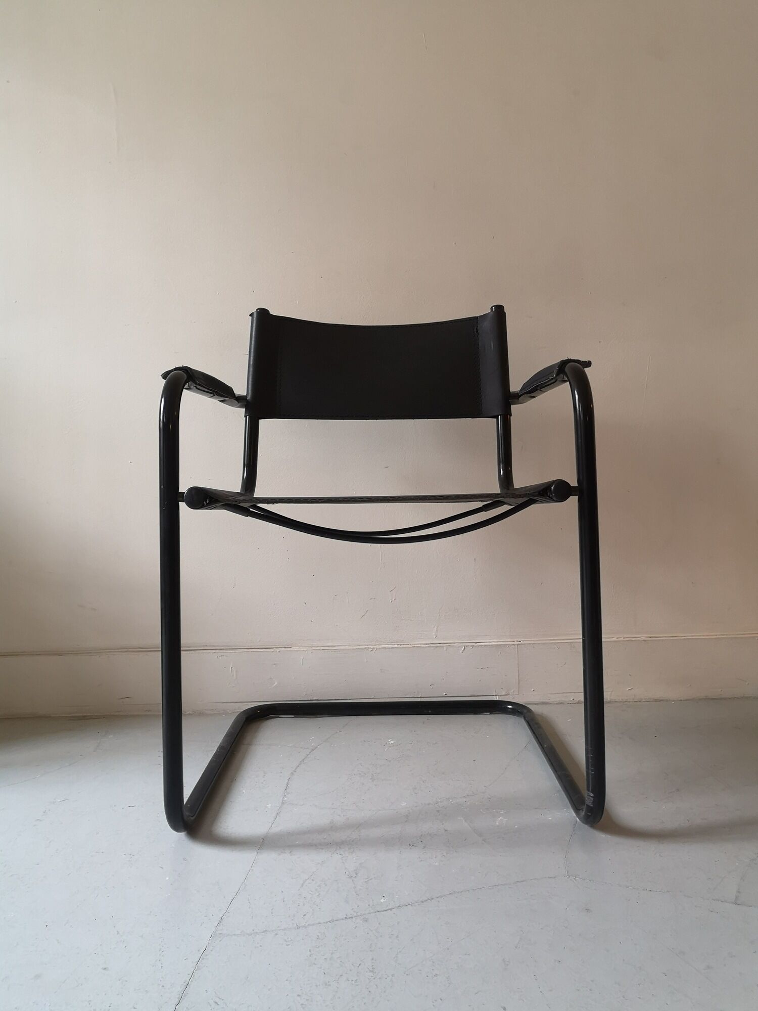 tubular armrest chair metal black matte & leather, Italy 1970