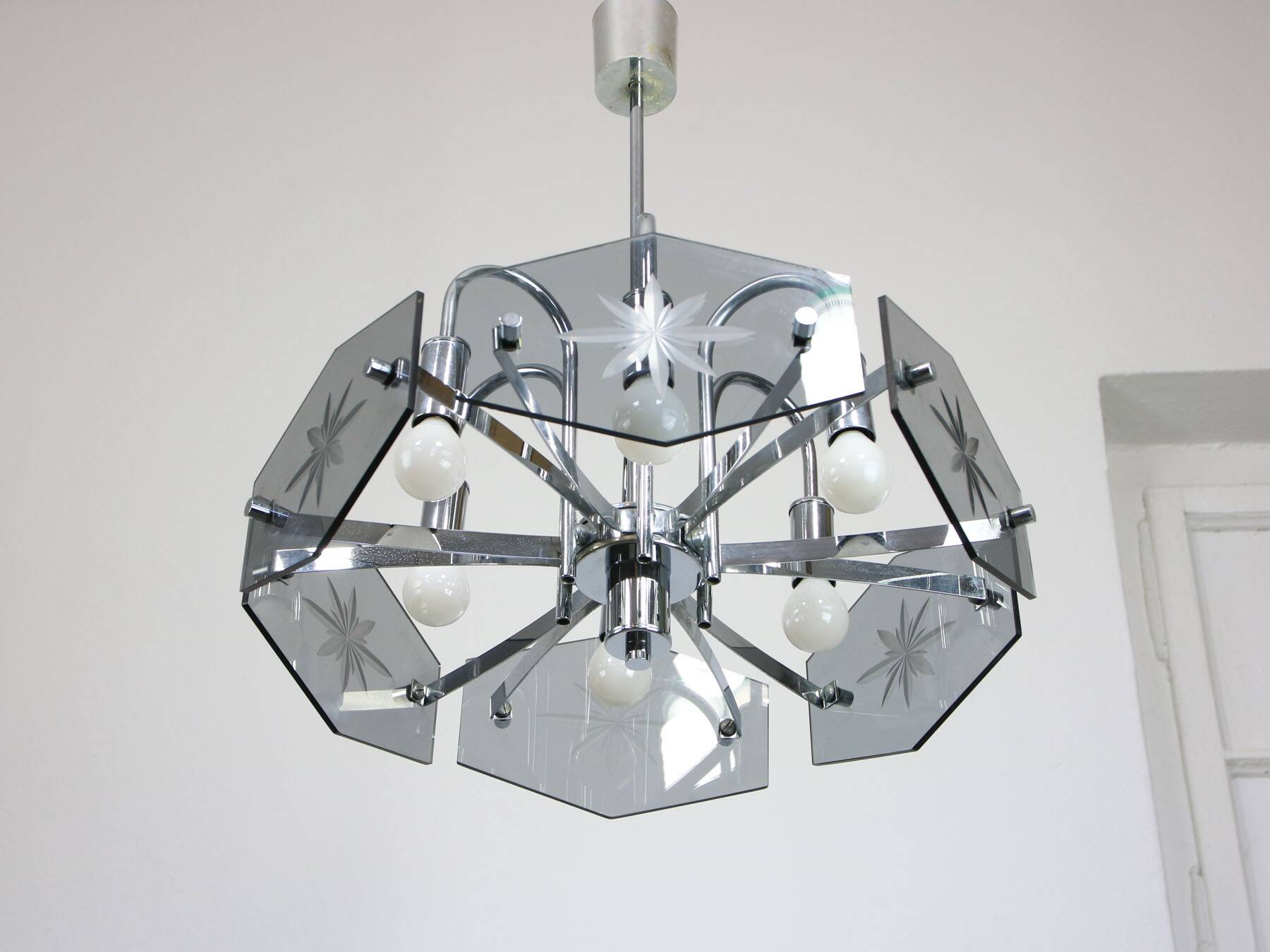 Vintage Italian Chrome and Glass Chandelier, 70s