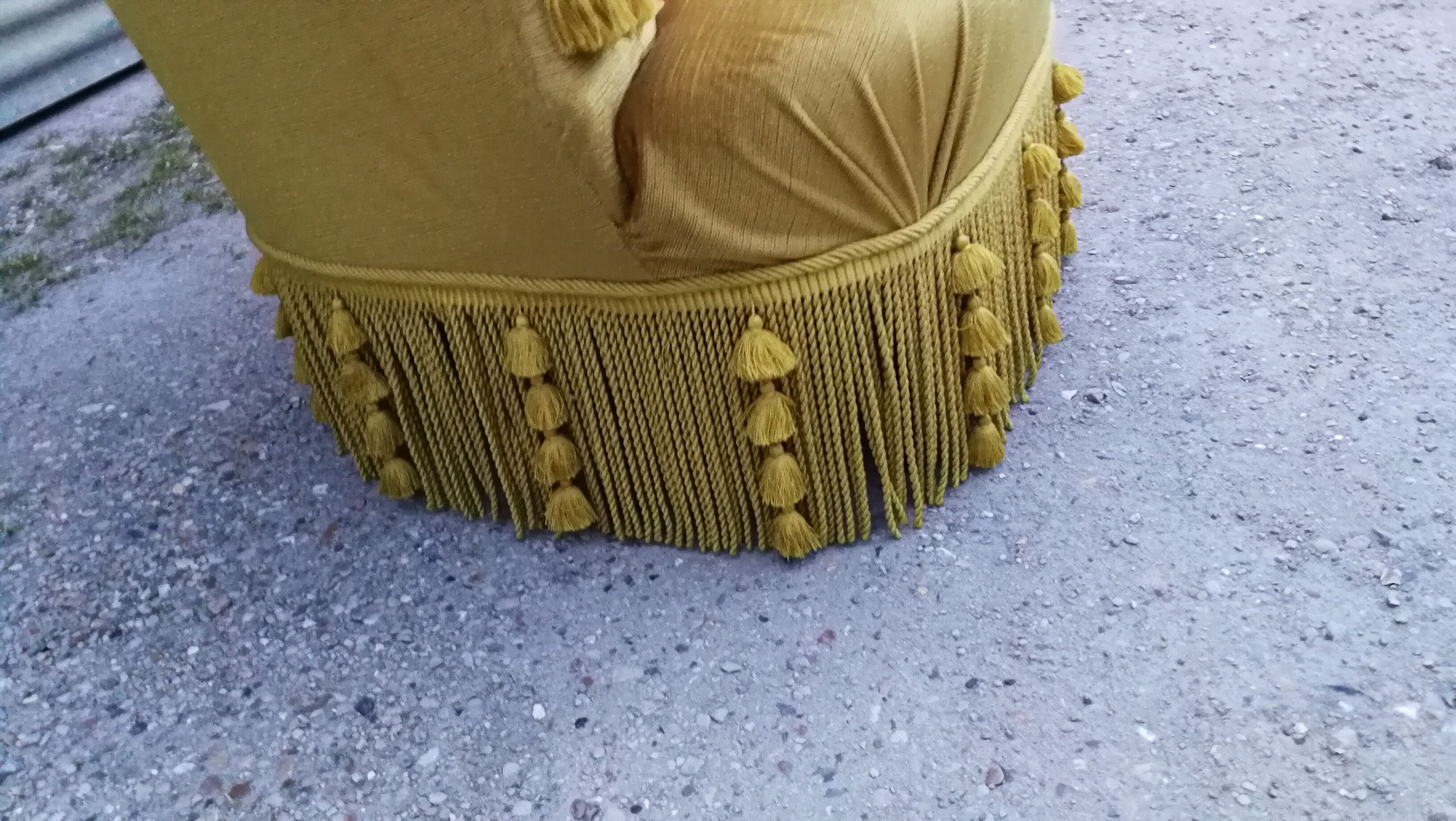 Toad padded velvet armchair, mustard fringe, 60 years