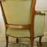 Carved wood & velvet shepherdess armchair