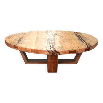 Table basse ronde monumentale en bois mixte de fabrication artisanale