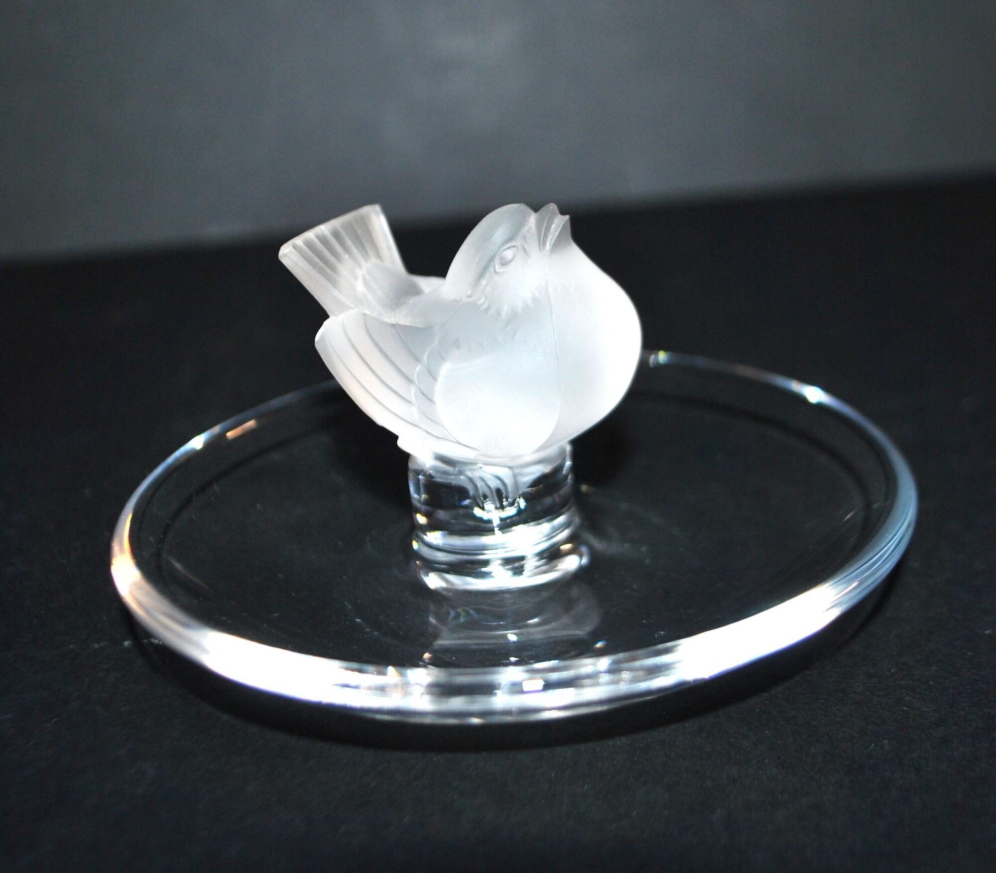 Lalique ashtray bowl Cheeky Sparrow crystal frosted and signed