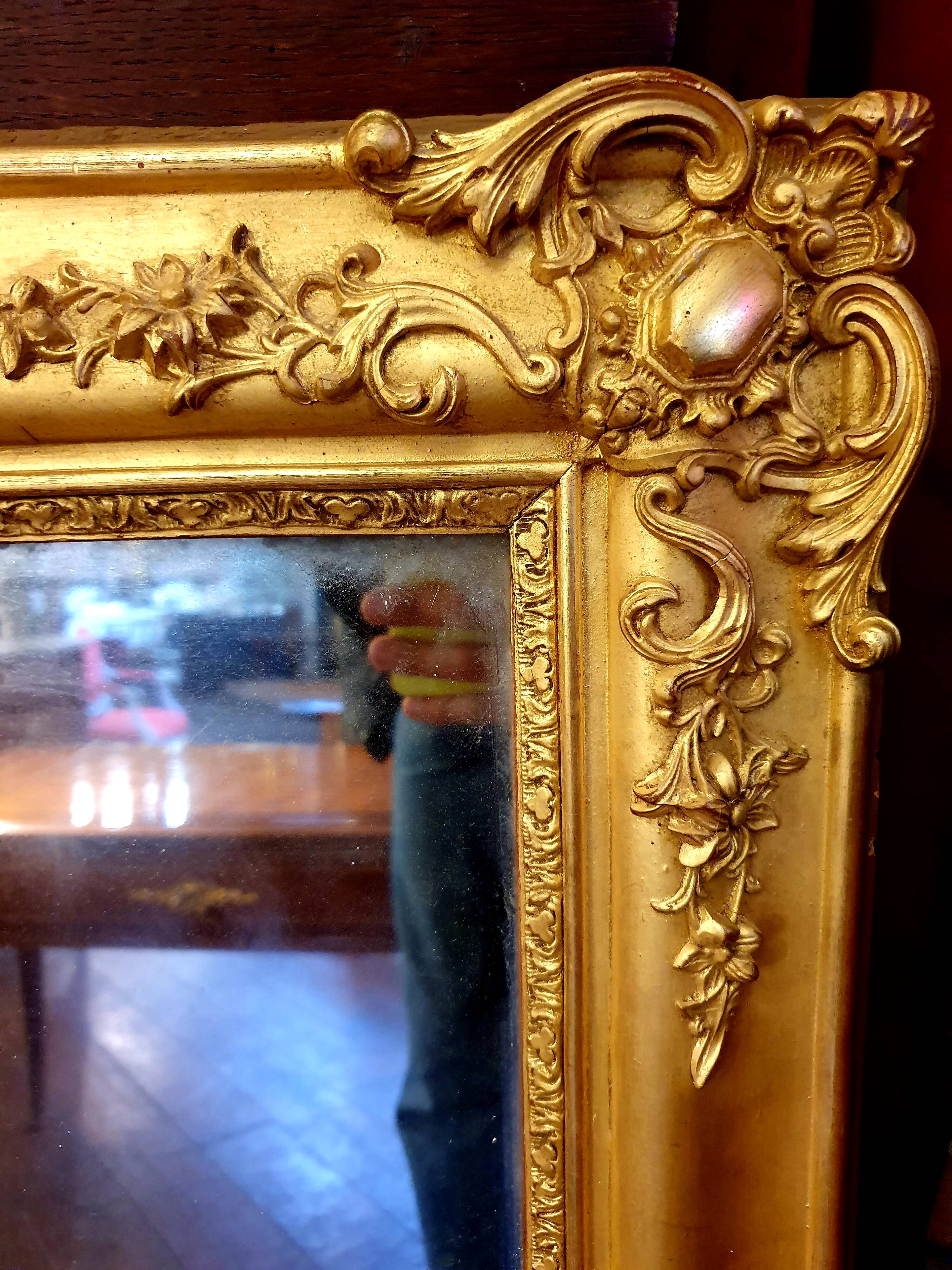 Mirror regency style floral decorations 19th - gilded stucco wood 76x100cm