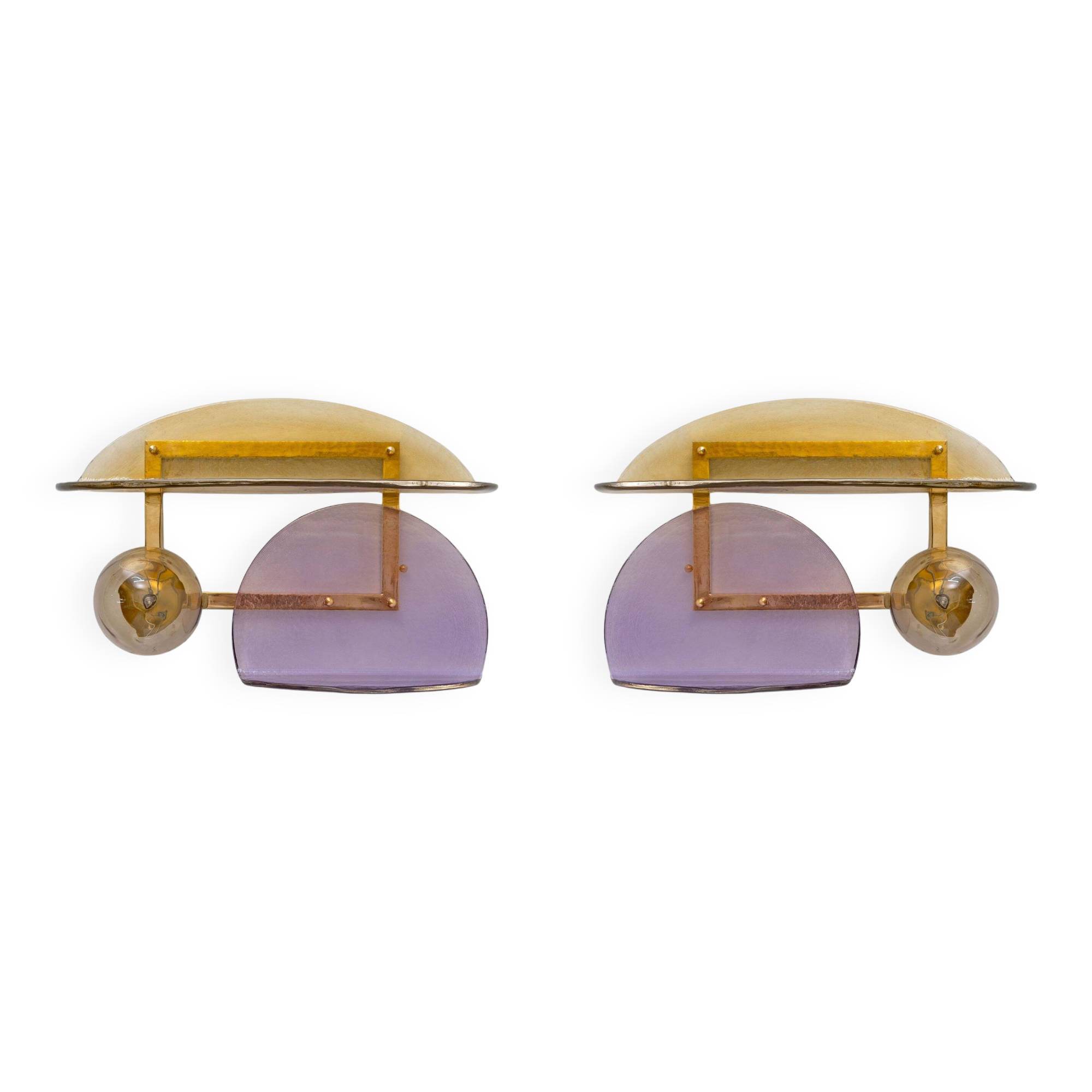Architectural Pair of Sculptural Murano Glass and Brass Wall Sconces, Italy