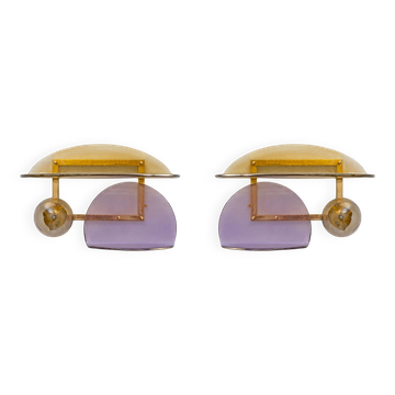 Architectural Pair of Sculptural Murano Glass and Brass Wall Sconces, Italy