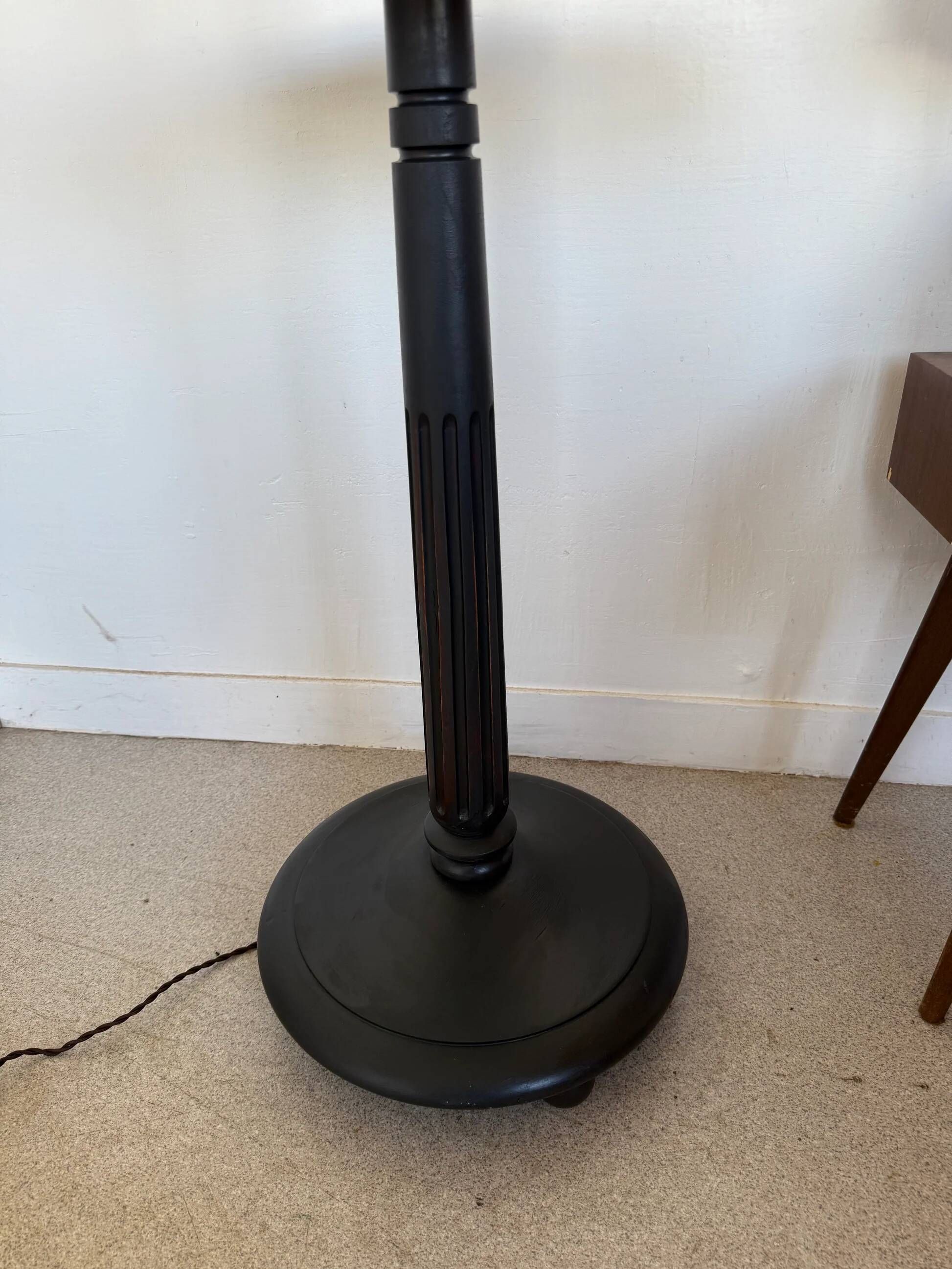 Vintage floor lamp in black patinated wood and striped lampshade
