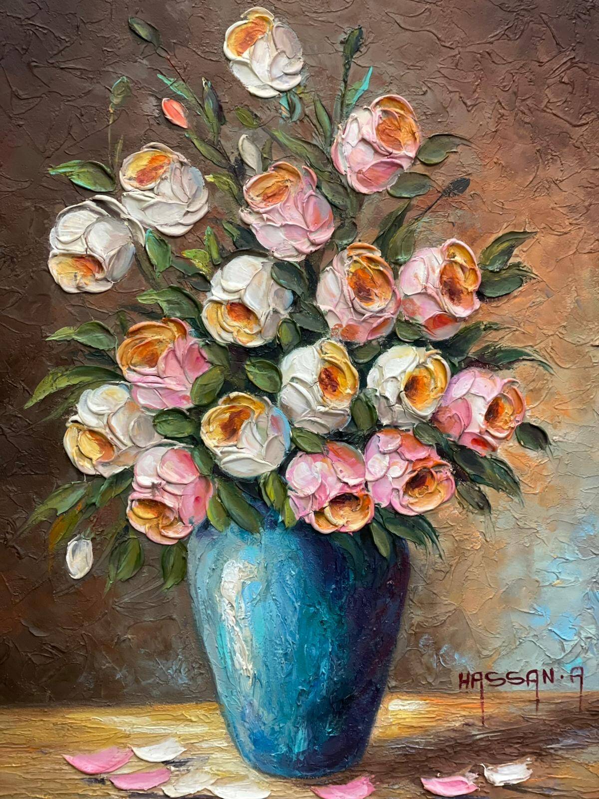 Pink and white flower pot painting