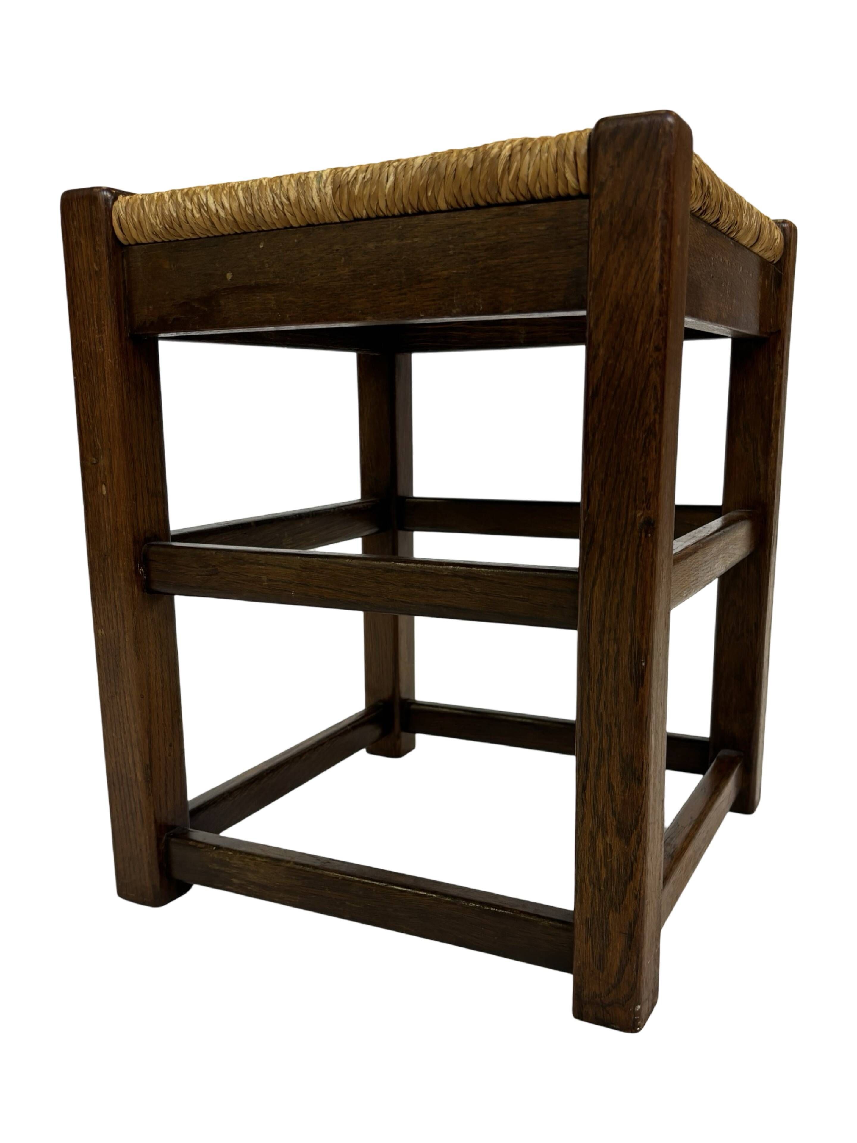Vintage wooden stool straw seat 60s minimalist design