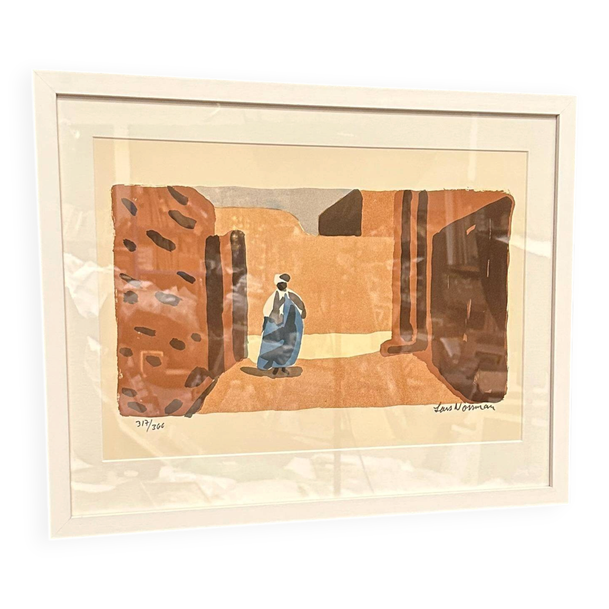 Original Swedish Color Lithograph – “Figure in a Sunlit Desert” by Lars Norrman