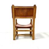 Antique French Handmade Brutalist Oak & Cognac Leather Castle Chair, 1920s.