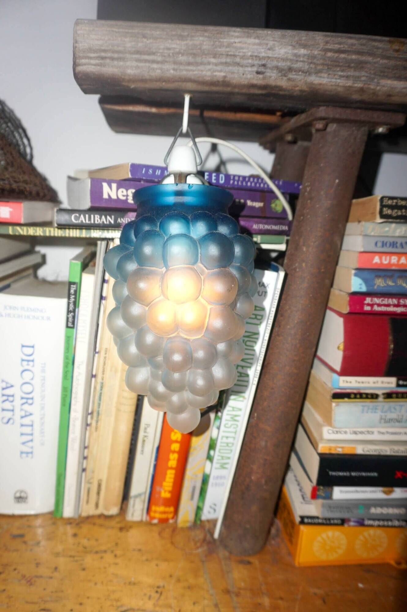 vintage blue glass grape pendant light * frosted ombre glass * mid-century