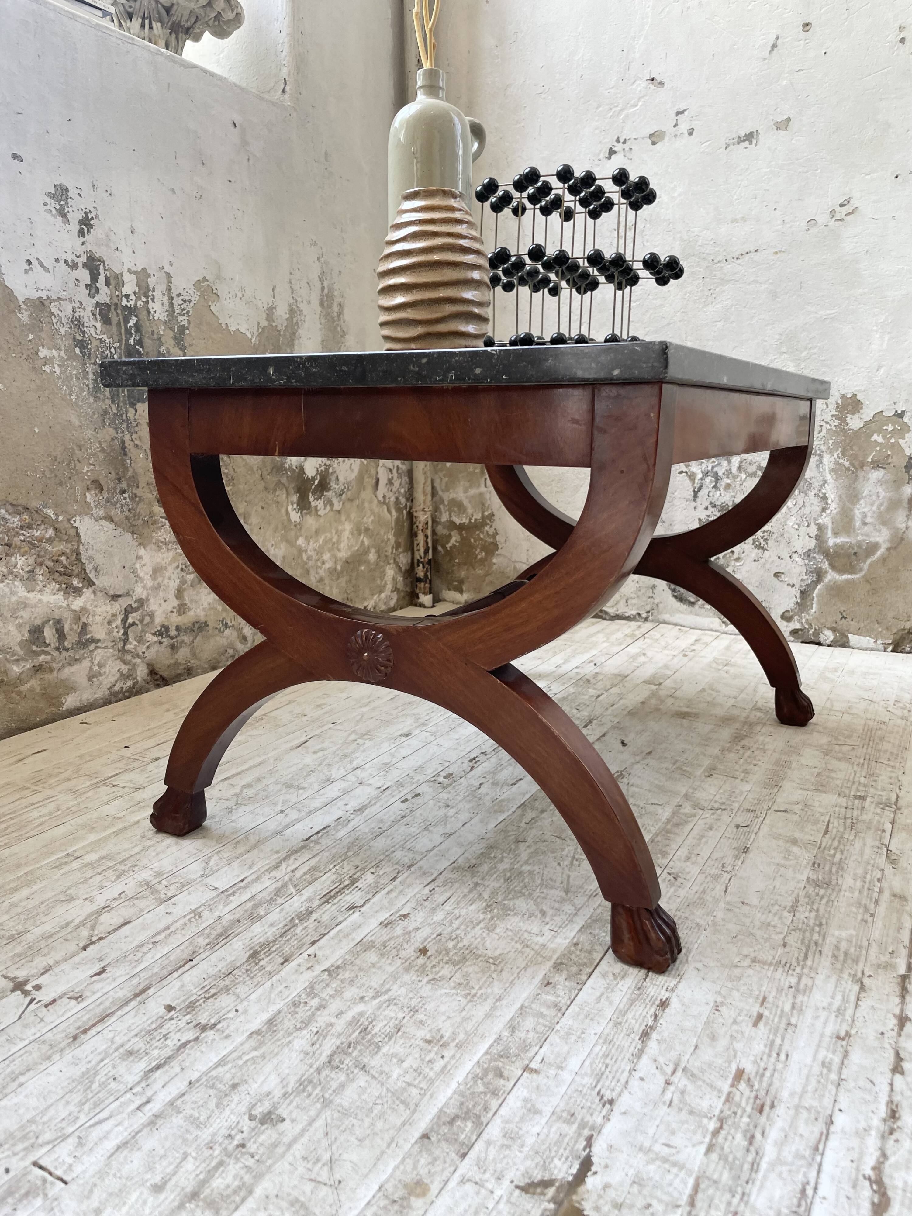 Empire style marble and mahogany coffee table