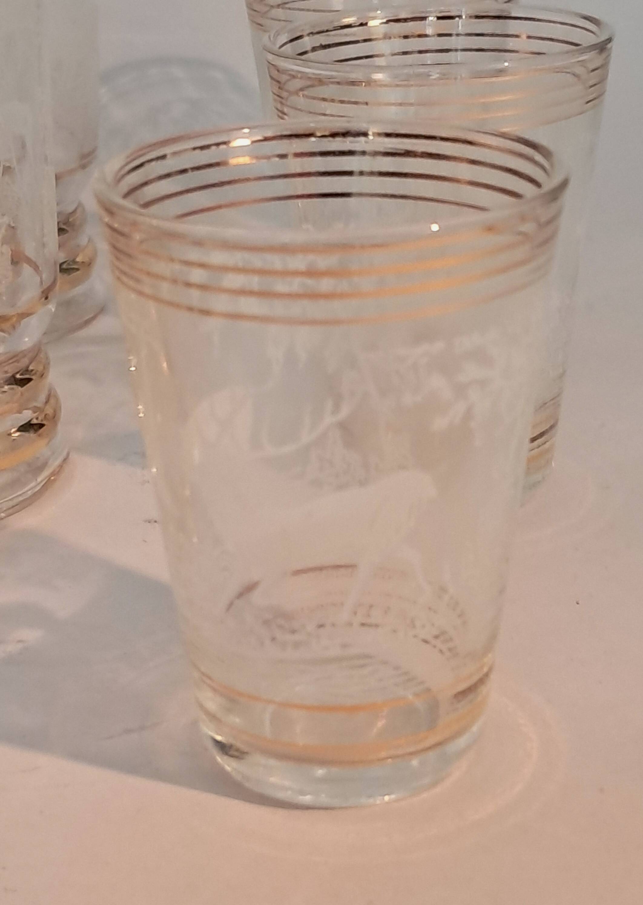 Service of 14 gold-plated and engraved glasses with a deer in the woods design from 1950