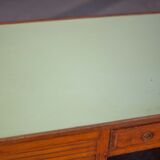 Wooden desk with curtains and sliding drawers, storage unit, vintage desk