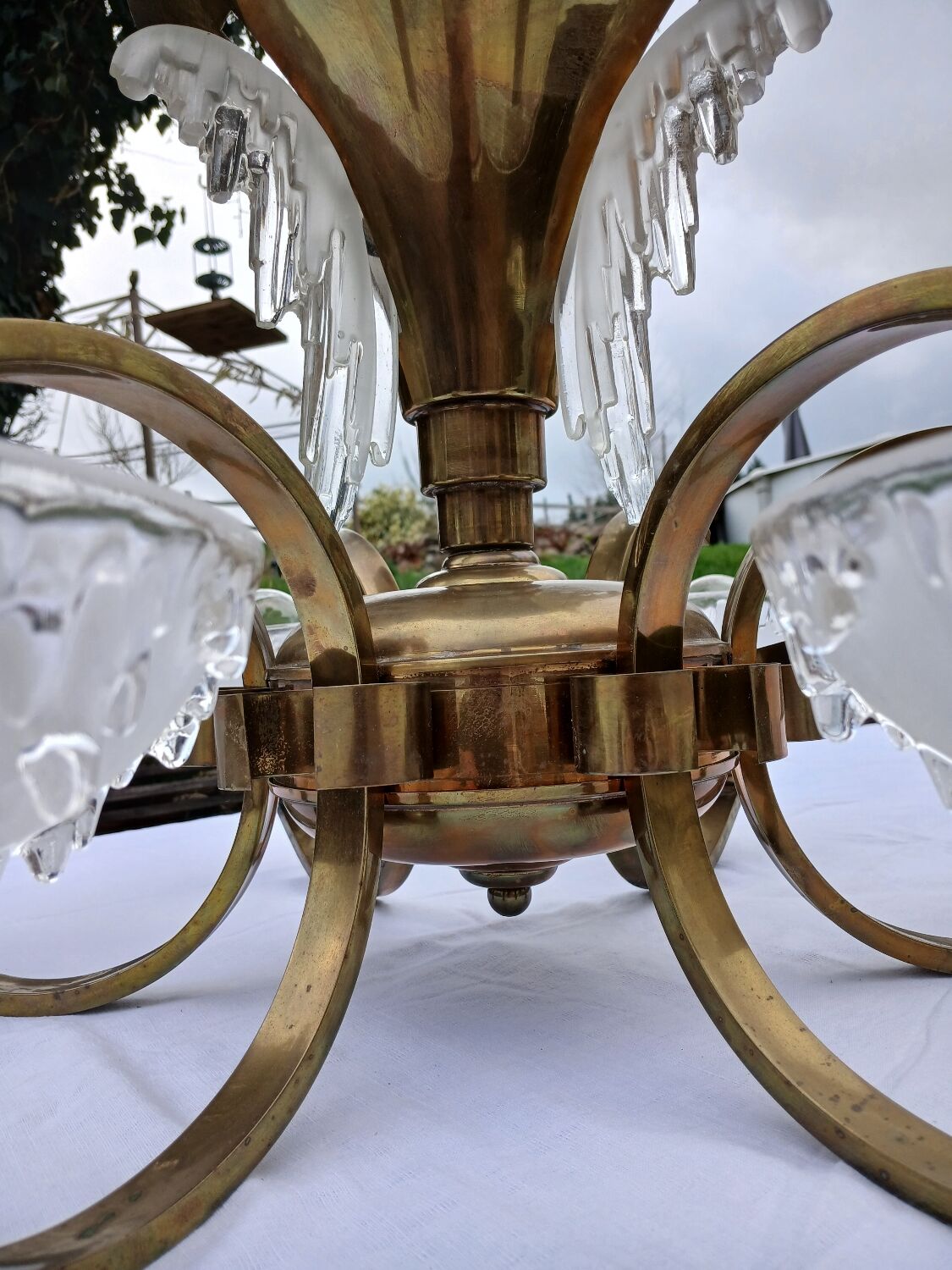 Antique Art Deco brass and glass chandelier