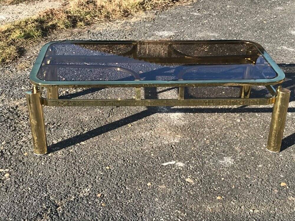 Table basse vintage en laiton jaune avec plateau en verre fumé, 1970, République tchèque