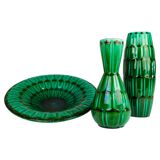 Large Green Midcentury Ceramic Vases and Upsala Ekeby "Capri" Bowl/Tray from the 1950s