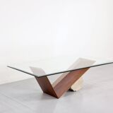 Table italienne Cattelan « Valentino » en noyer et travertin des années 1990.