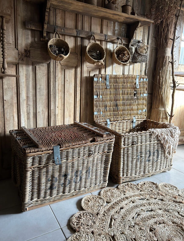 Ancienne malle de déménagement en osier