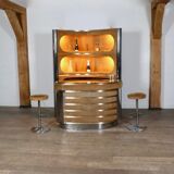 Suede and chrome dry bar with barstools in cognac by Willy Rizzo, Italy 1970s