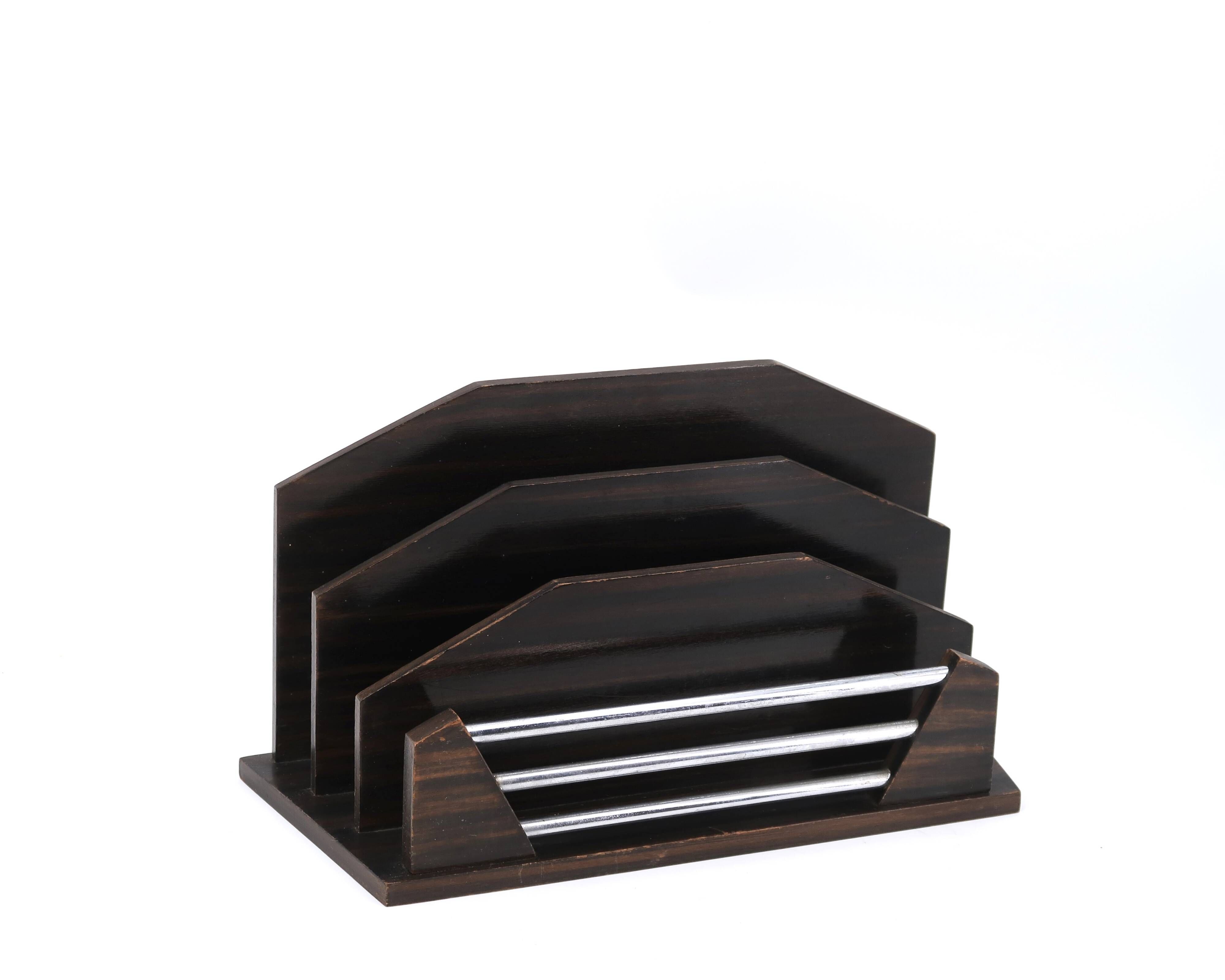 Art Deco mail holder in wood and metal, 1920s