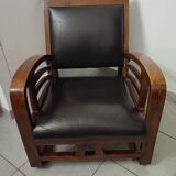 Leather and teak armchair