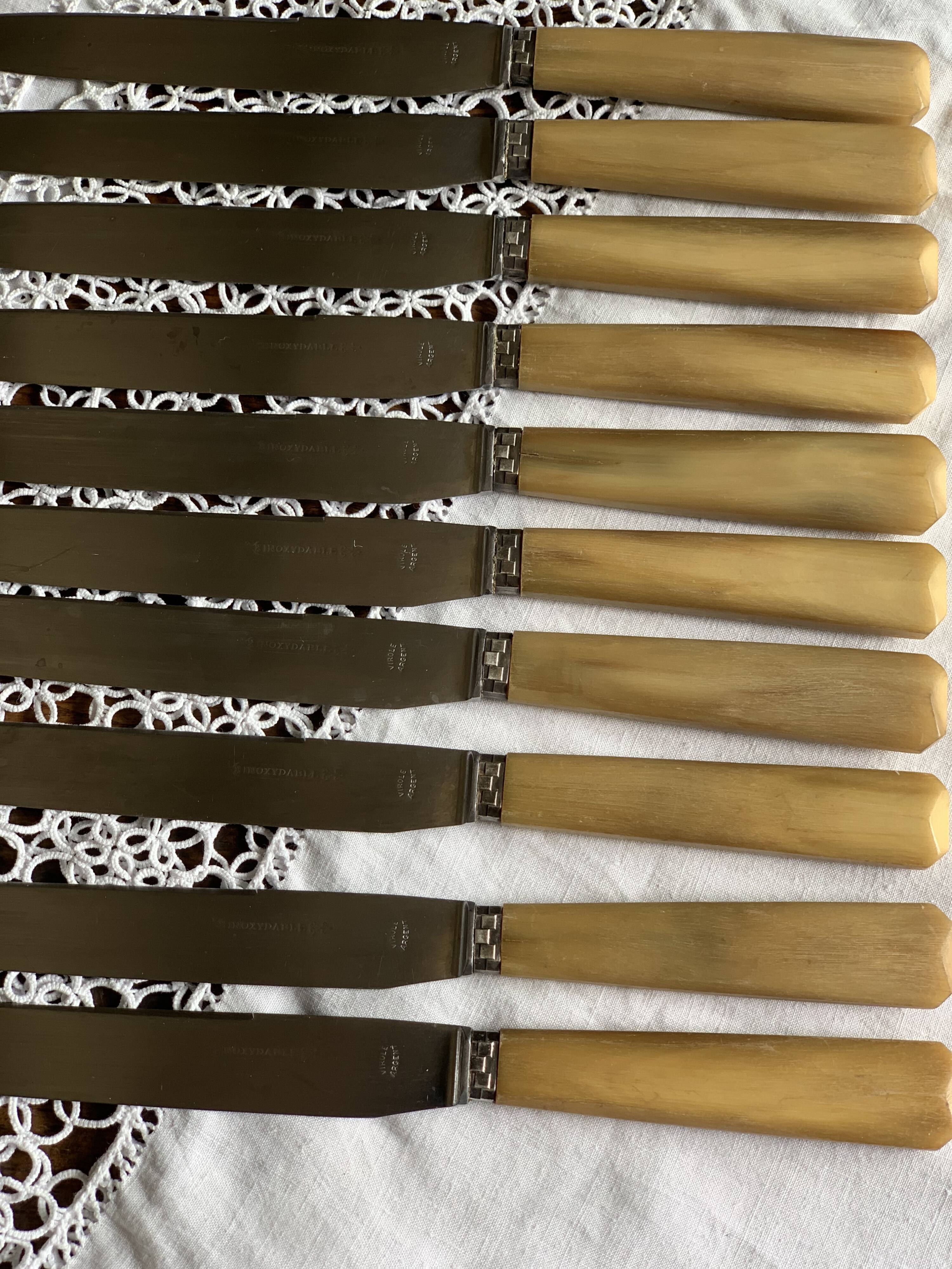 Set of 11 old table knives, horn handle, stainless blade and silver ferrule
