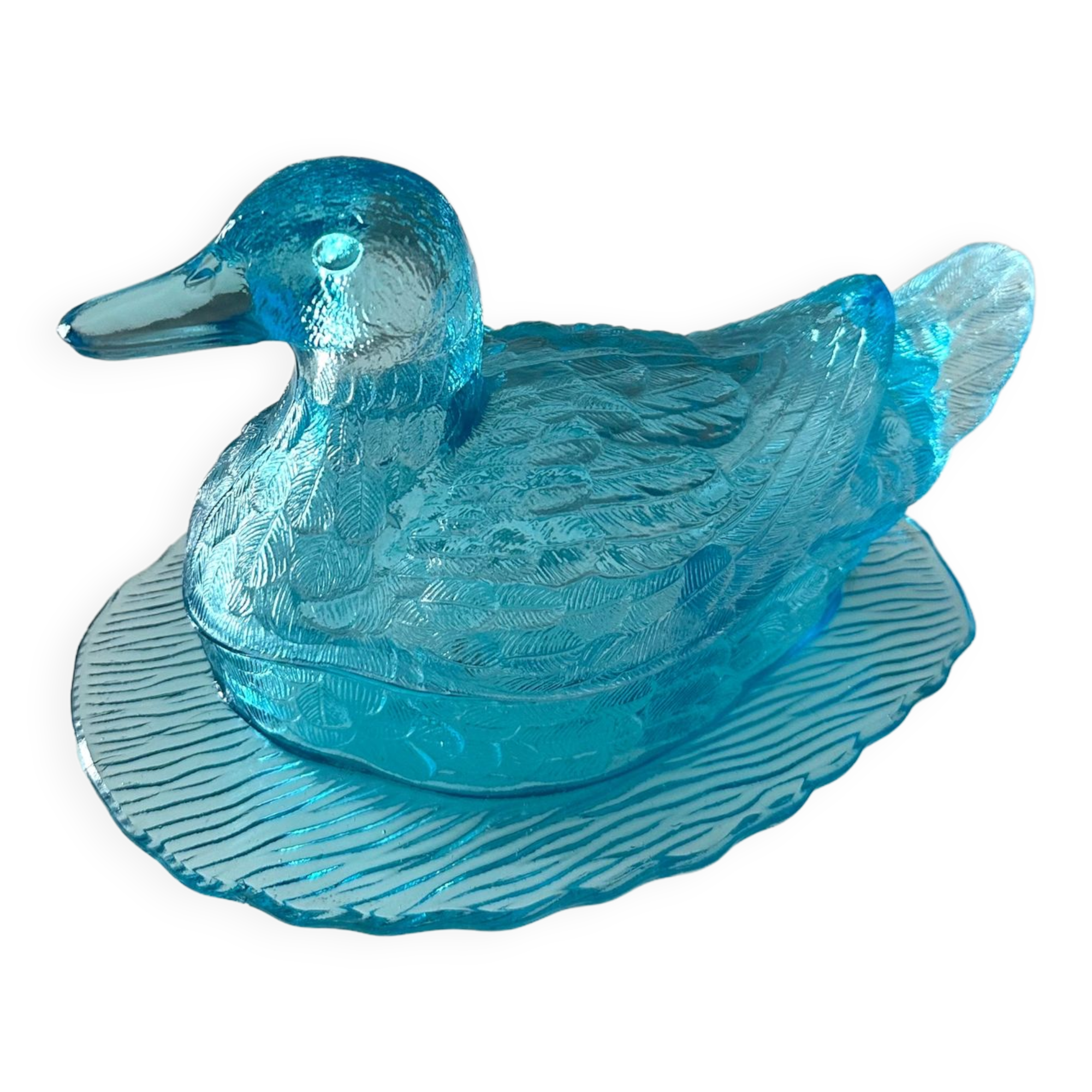 Art Deco glass duck, pressed glass turquoise, butter dish